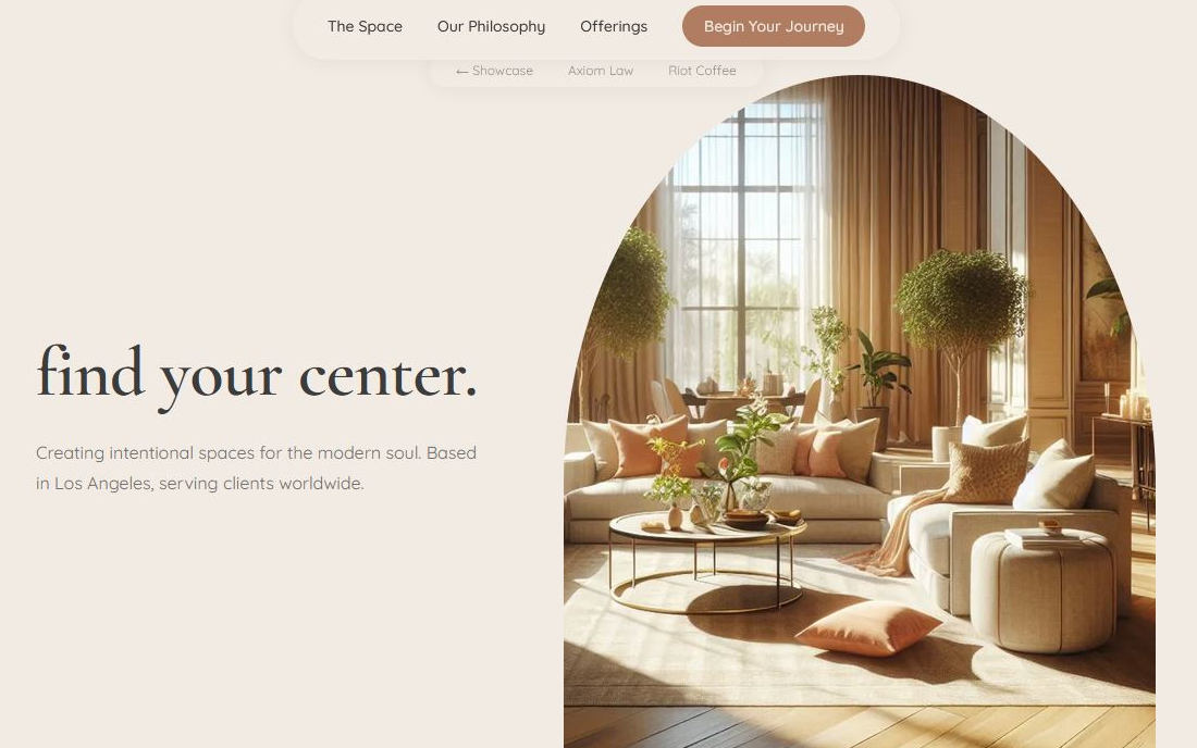 Interior design studio website with earth tones, organic shapes, and a bento-grid gallery with warmth and natural texture.