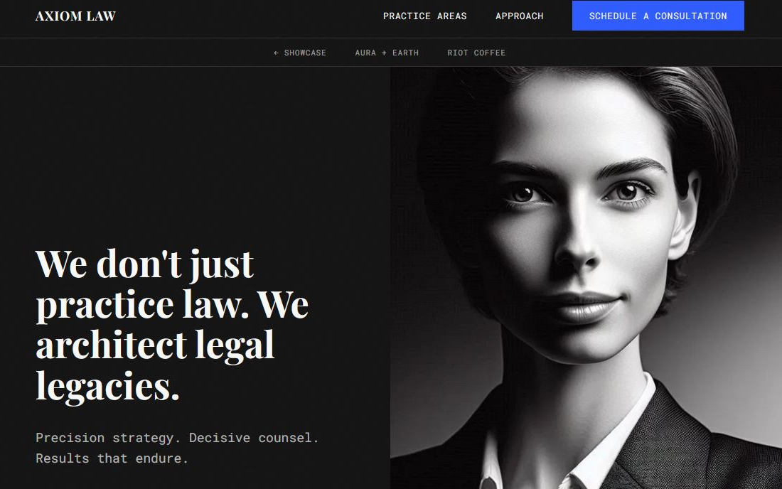 Editorial law firm website with monochrome palette, serif typography, and content-first layout against a clean white background.