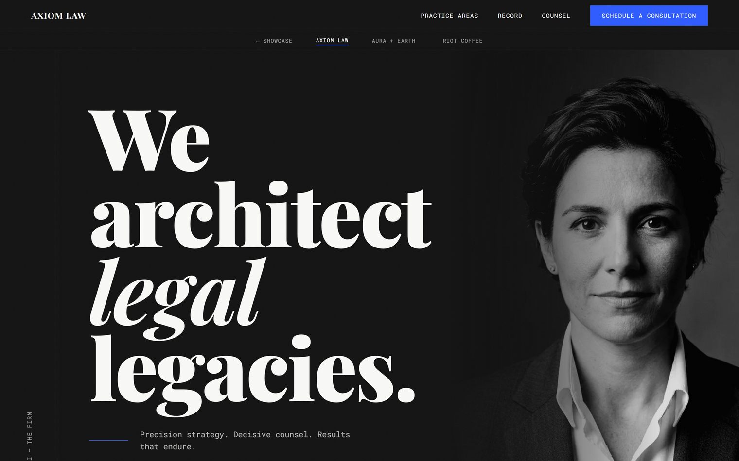 Editorial law firm website mockup with a monumental serif headline and black-and-white portrait on charcoal