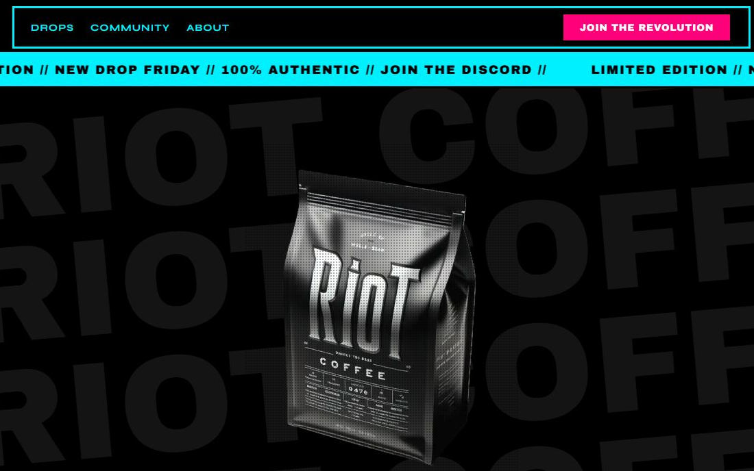 Neo-brutalist coffee brand website with neon green accents, hard shadows, and kinetic typography on a deep black canvas.