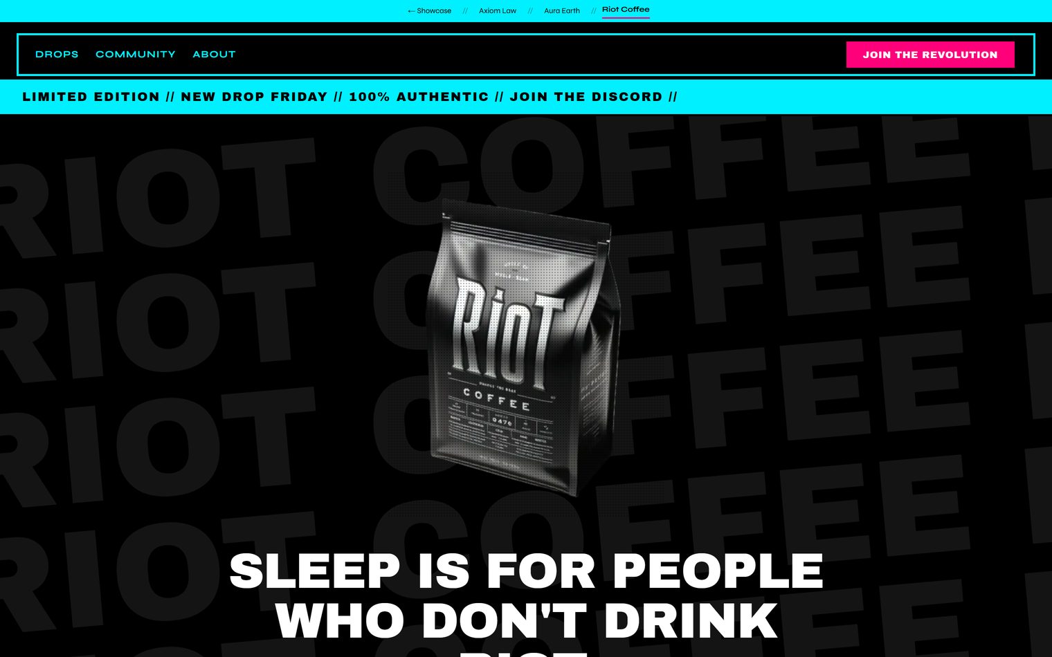 Neo-brutalist website mockup with neon accents and hard shadow effects