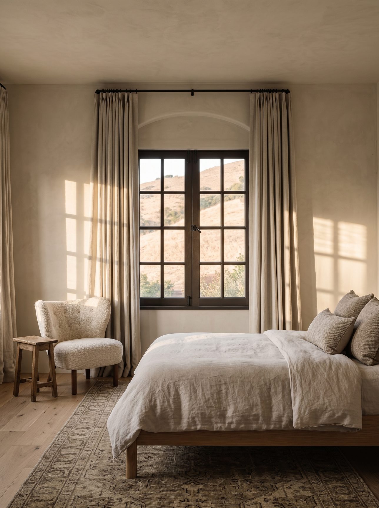 The bedroom: an oak bed made up in linen, and a bouclé reading chair beside a tall window that looks out at dry hills