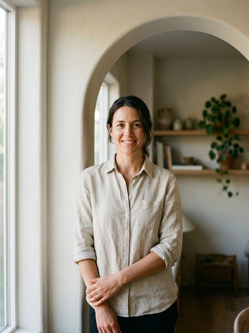 Elena Voss, smiling, in a linen shirt, standing by a window beneath a plaster arch in her studio