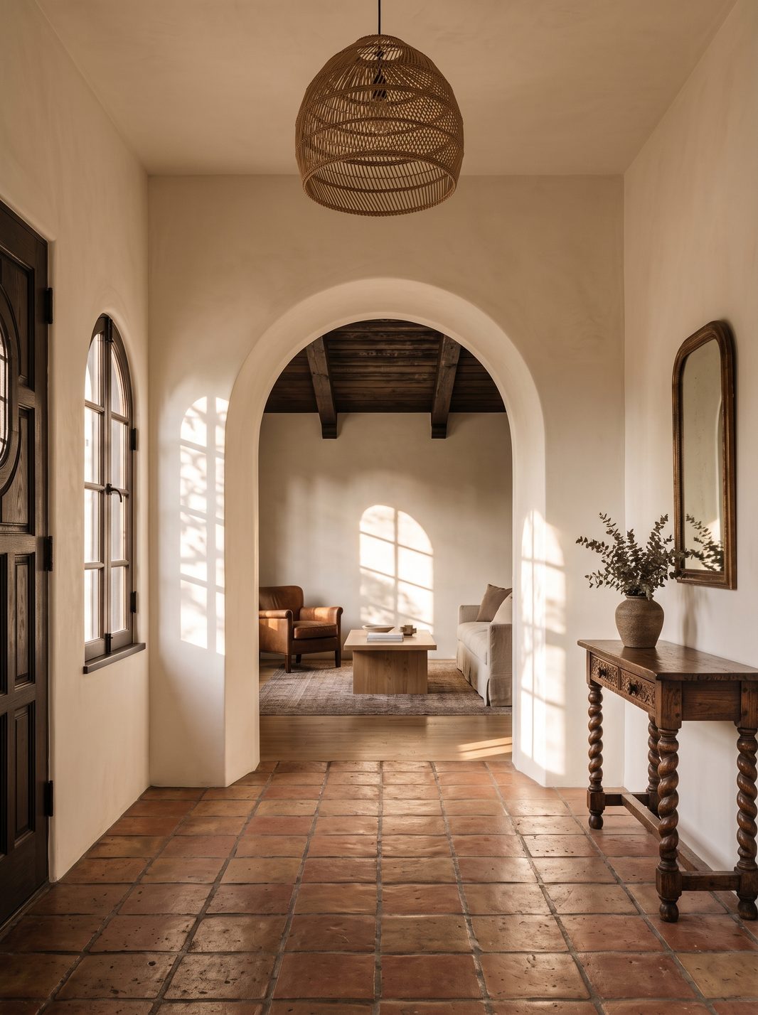 The entry hall: terracotta tile underfoot, a rattan pendant overhead, and a carved console and arched mirror, with the living room seen through a plaster arch