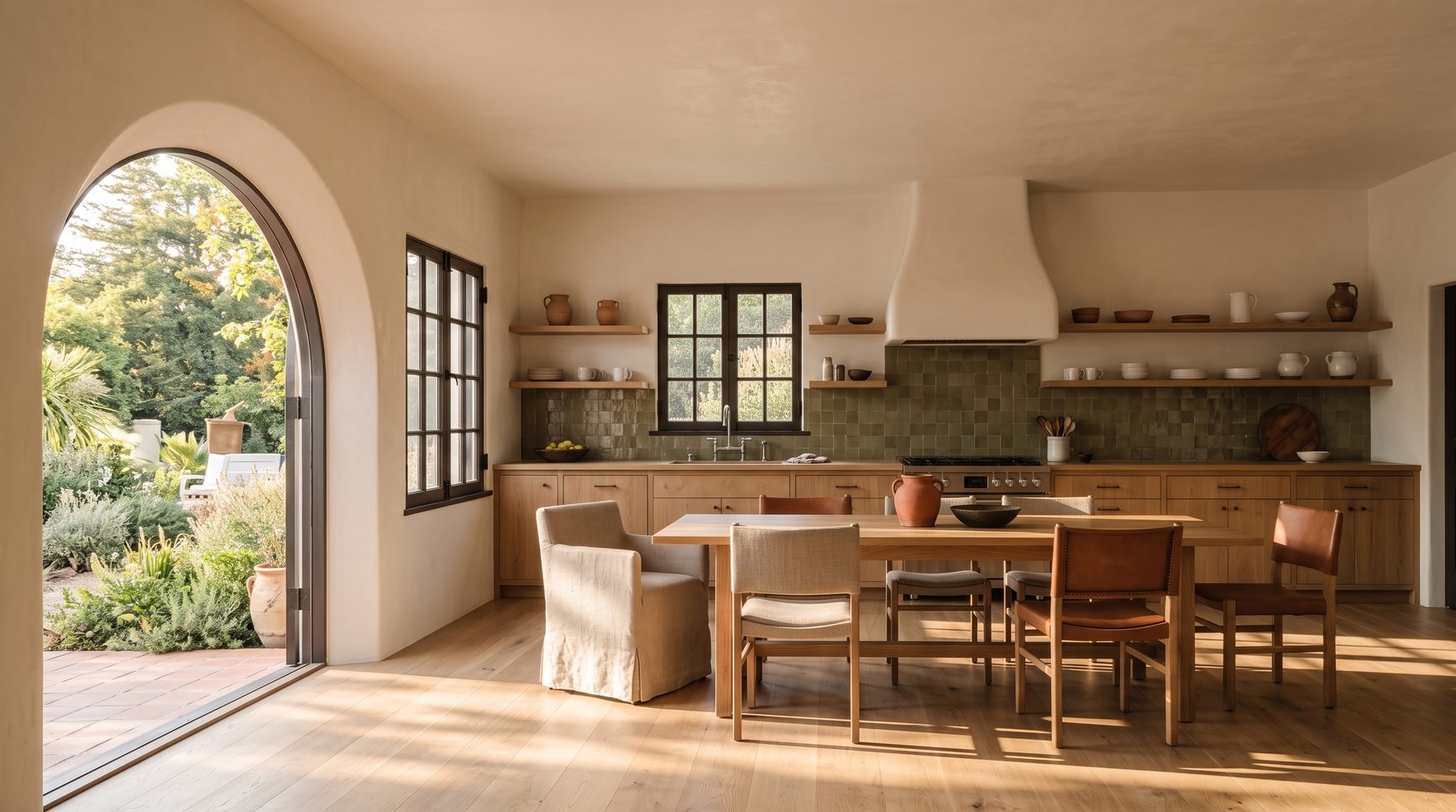 The kitchen: a plaster hood over green zellige tile, open oak shelves and a long oak table, with an arched door open to the garden