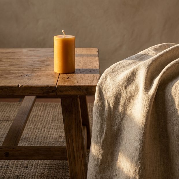 Natural linen, aged wood grain and a beeswax candle in afternoon light