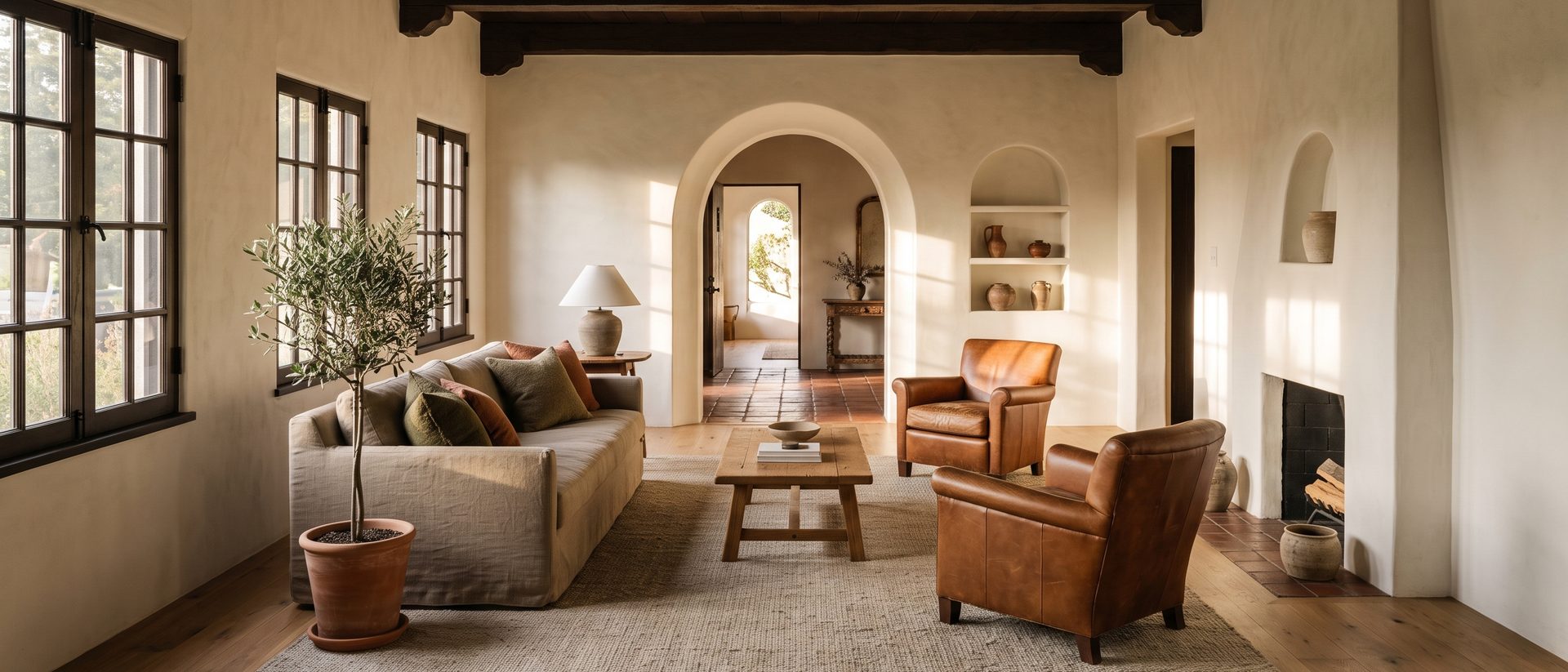 The living room in late sun: a linen sofa and two leather armchairs around an oak trestle table on a jute rug, under dark timber beams, with the fireplace on the right