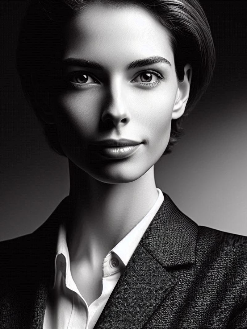 Editorial portrait of a legal professional in a tailored suit, conveying authority and precision