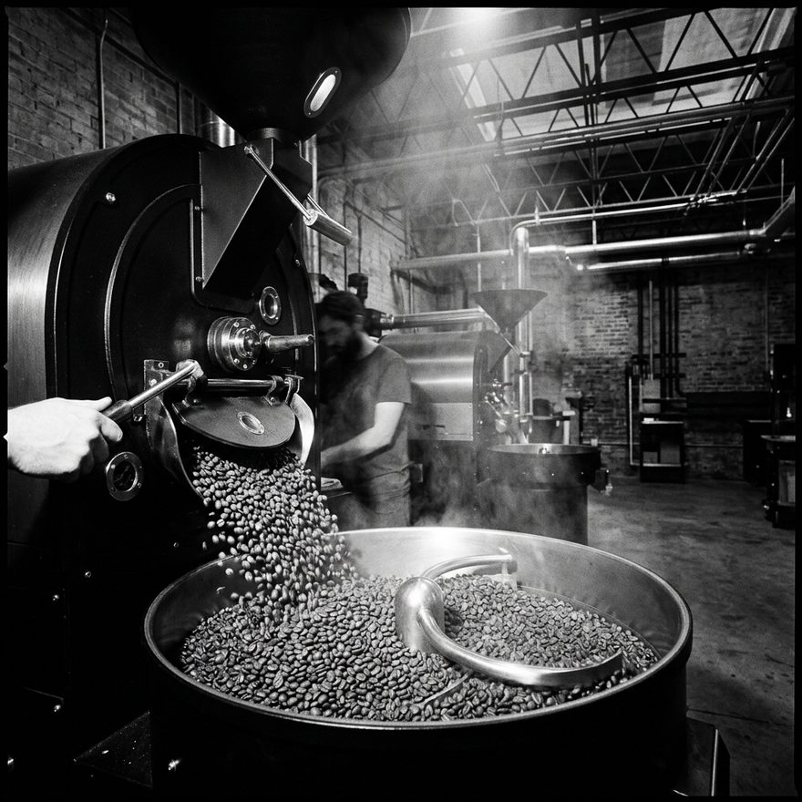 Fresh-roasted beans pouring from the roaster’s door into the round cooling tray, its arm sweeping through them as steam rises