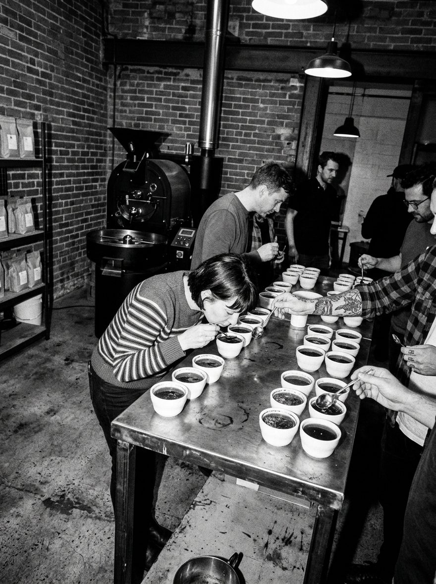 A Thursday cupping: a woman bends low to smell a white bowl at a long steel counter lined with bowls, other tasters with spoons around her and the roaster behind