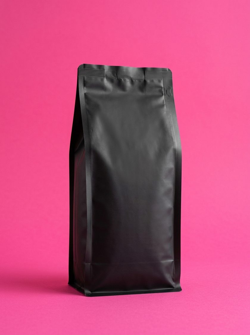 The Drop 48 bag: a plain matte black coffee bag with a Riot · Drop 48 sticker, standing on hot pink
