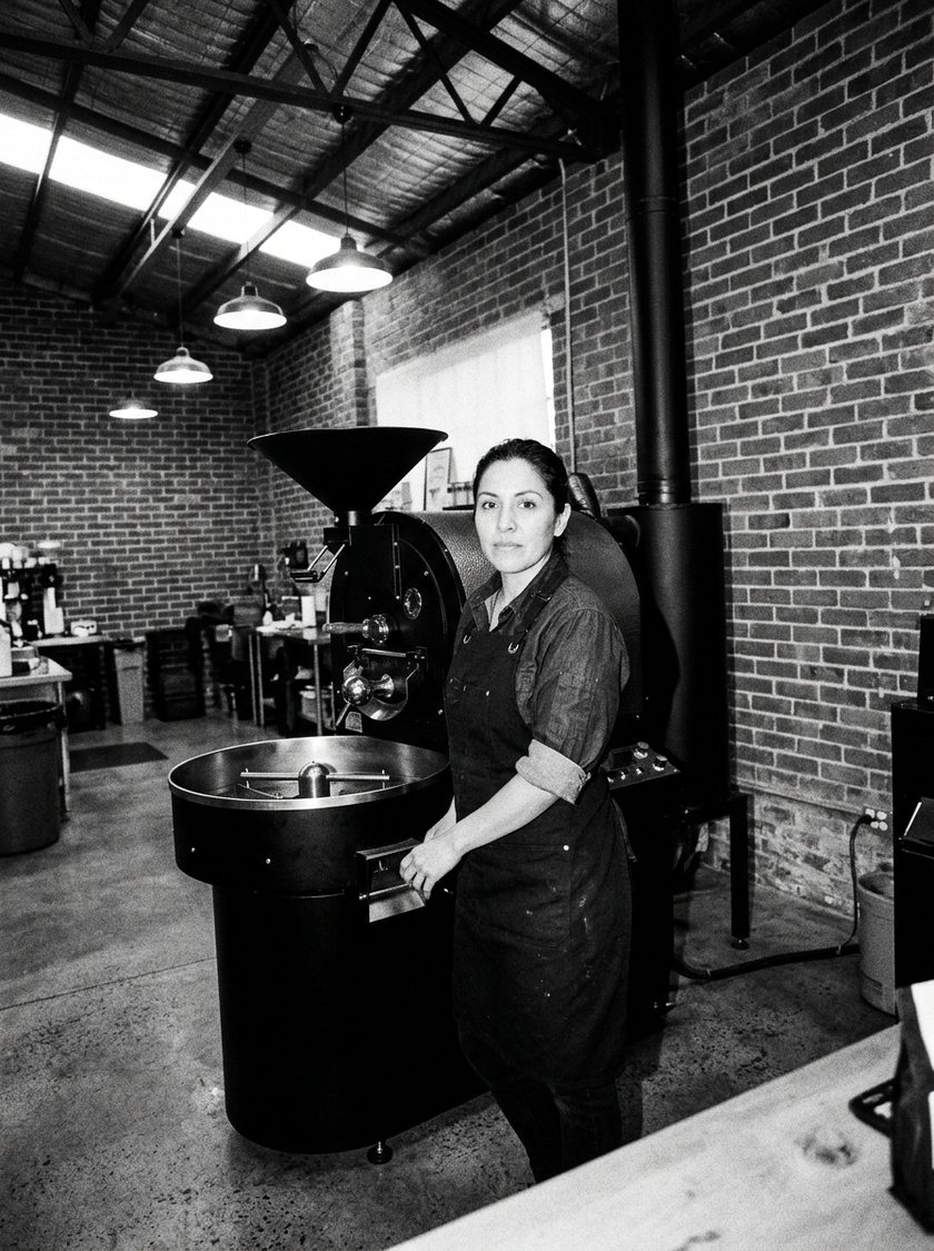 Olivia Herrera in a black apron with her sleeves rolled, one hand on the roaster, looking straight at the camera